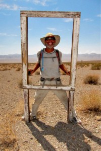 An old sign post serves as a frame for Marshall